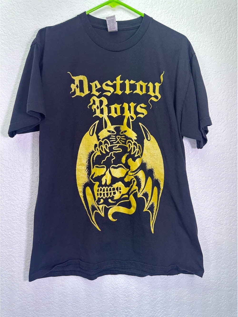 Men’s Sz L Gildan Black Destroy Boys Cat Bat Skull Band T-Shirt